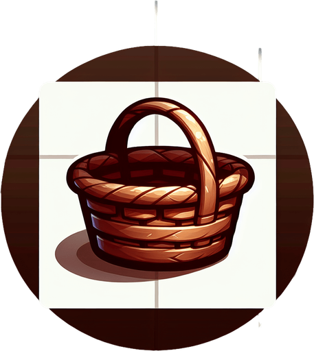 Basket.
Single Game Texture. In-Game asset. 2d. Blank background. High contrast. No shadows.