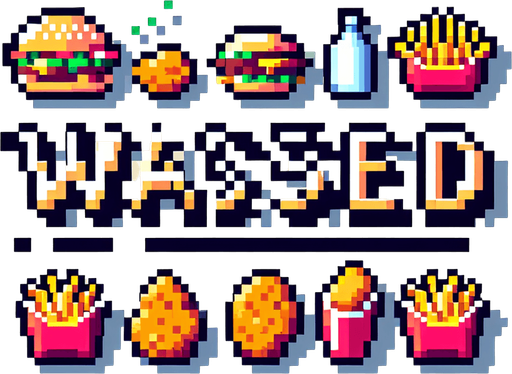 8-bit pixelated text saying "WASTED" against a fast food like burgers, fries and nuggets.
Single Game Texture. In-Game asset. 2d. Blank background. High contrast. No shadows.