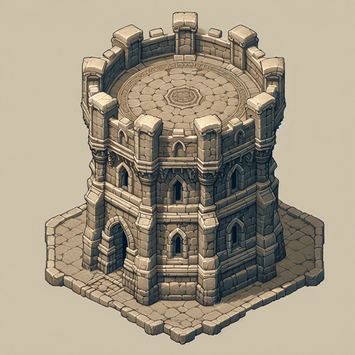 a medieval style stone tower. top down view. Single Game Texture. In-Game asset. 2d. Blank background. High contrast. No shadows.