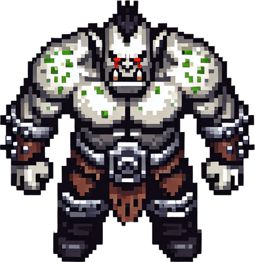 an orc warrior with a large head and red eyes. pixelart. top down view. Single Game Texture. In-Game asset. 2d. Blank background. High contrast. No shadows.