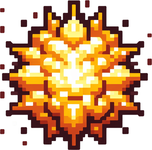 golden radial liquid cartoony puffed explosion. pixelated. 8 bit..
Single Game Texture. In-Game asset. 2d. Blank background. High contrast. No shadows.