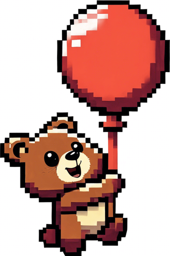 The same happy bear holding his read baloon, but this time with long golden blonde hair.