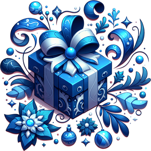 a christmas decorated blue present. plastic style. Single Game Texture. In-Game asset. 2d. Blank background. High contrast. No shadows.