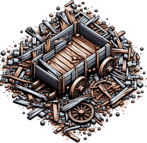 wrecked wood boards and small metal wheels (rests of a miner's wagon).
Pixel art. close Zenith view.