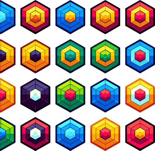 Hexagonal target sprite sheet. Bright colors, cartoon.
Single Game Texture. In-Game asset. 2d. Blank background. High contrast. No shadows.