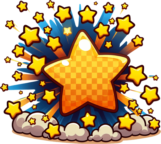 create a cartoon-style illustration of an explosion of stars.
Single Game Texture. In-Game asset. 2d. Blank background. High contrast. No shadows.