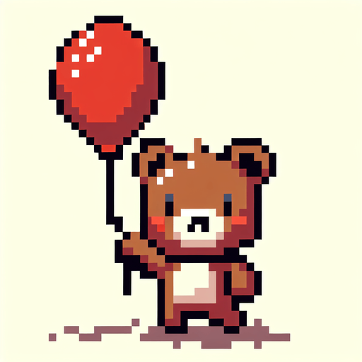 pixelart. a smiling brown bear holding a red baloon, that is lifting it upwards..
Single Game Texture. In-Game asset. 2d. Blank background. High contrast. No shadows.