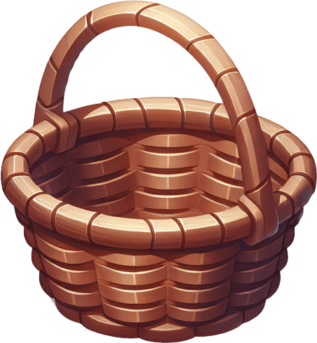 Basket.
Single Game Texture. In-Game asset. 2d. Blank background. High contrast. No shadows.