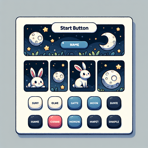 Rabbit and moon themed start button.
Single Game Texture. In-Game asset. 2d. Blank background. High contrast. No shadows.