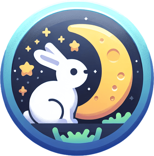 Rabbit and moon themed start button.
Single Game Texture. In-Game asset. 2d. Blank background. High contrast. No shadows.