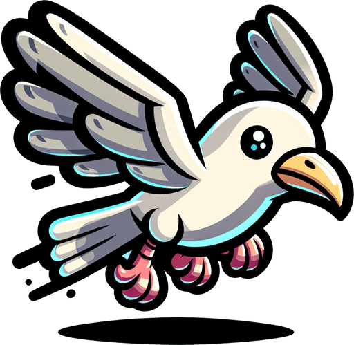 Create a cartoon-style illustration of a flying seagull. The goal is to capture a lively and playful character. Front perspective.
Single Game Texture. In-Game asset. 2d. Blank background. High contrast. No shadows.