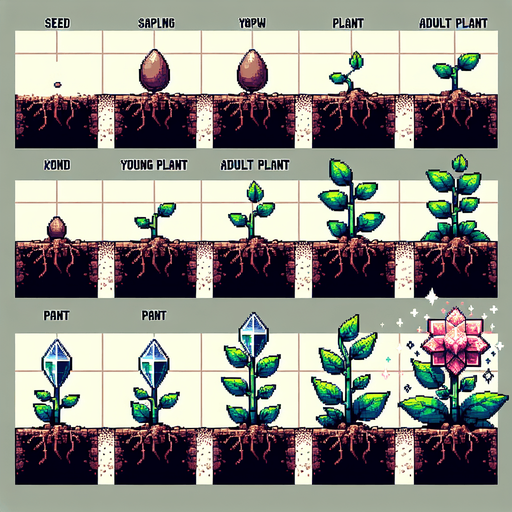 pixel art sprite sheet of a growing plant with a diamond flower.
Game asset. 2d. Blank background. High contrast. No shadows.