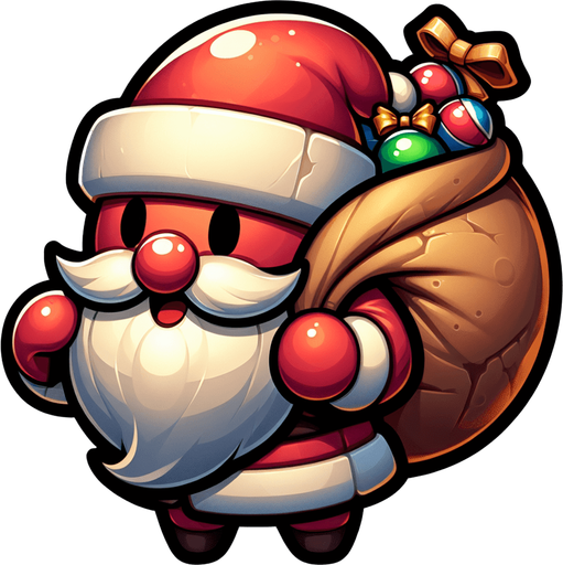 Circular Santa, with gifts on his back. Cartoon. Single Game Texture. In-Game asset. 2d. Blank background. High contrast. No shadows.