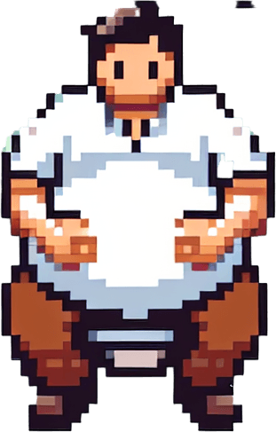 8-bit pixelated image of a video game character sitting with hands on a large belly, wearing a white shirt and brown pants. The setting is a simple bathroom, with the character as the main focus.
Single Game Texture. In-Game asset. 2d. Blank background. High contrast. No shadows.