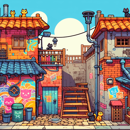 Create a cartoon-style  illustration of a back alley. The goal is to capture a lively and playful location. No skies..
Single Game Texture. In-Game asset. 2d. Blank background. High contrast. No shadows.