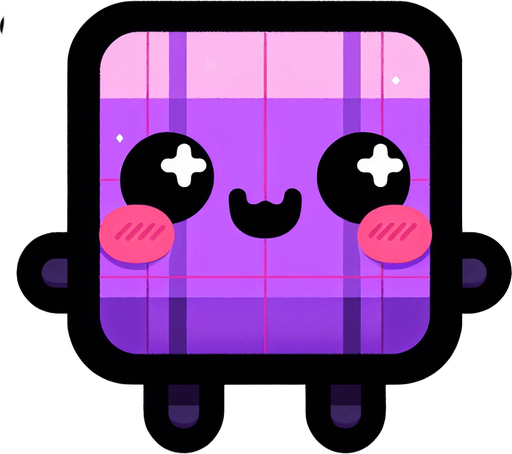 a cute purple square with two black arms and legs with a face and blush.
Single Game Texture. In-Game asset. 2d. Blank background. High contrast. No shadows.