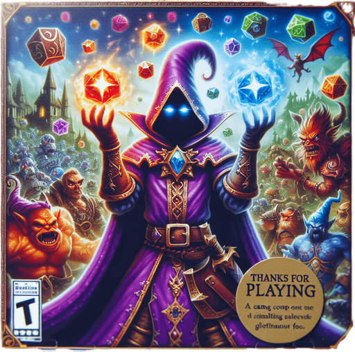 high definition closeup for a game titled "A Hero's Tale" and with the description "Embark on an epic quest as a powerful spellcaster, battle fierce foes across diverse and unique locations uncovering treasures.". Show text "Thanks for playing"  Show Purple Spellcaster, show evil monster.
Single Game Texture. In-Game asset. 2d. Blank background. High contrast. No shadows.