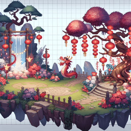 Chinese new years, enchanted forest.
Single Game Texture. In-Game asset. 2d. Blank background. High contrast. No shadows.