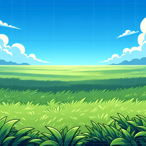 A grassy field with a bright blue sky.
In-Game asset. 2d. High contrast. No shadows.