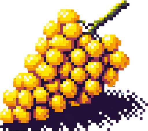 Pixel art of yellow grapes.
Single Game Texture. In-Game asset. 2d. Blank background. High contrast. No shadows.