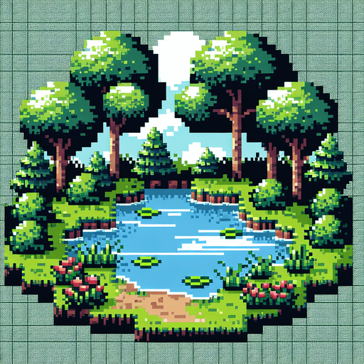 background of a pond in the middle of the nature. pixelated 8-bit.
Single Game Texture. In-Game asset. 2d. Blank background. High contrast. No shadows.