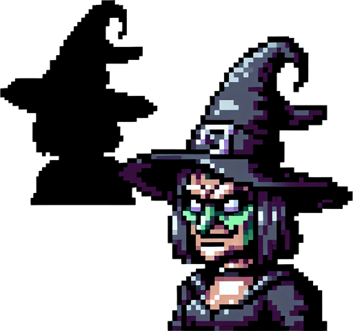 cartoon 8bit evil witch..
Single Game Texture. In-Game asset. 2d. Blank background. High contrast. No shadows.