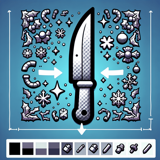 Cartoon knife pointing up. Symmetrical. Vertical. Christmas designed. Single Game Texture. In-Game asset. 2d. Blank background. High contrast. No shadows.