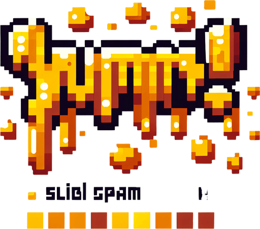 Pixelart - a cool splash screen style text saying 'Yummy!' golden yellow brown honey colors..
Single Game Texture. In-Game asset. 2d. Blank background. High contrast. No shadows.