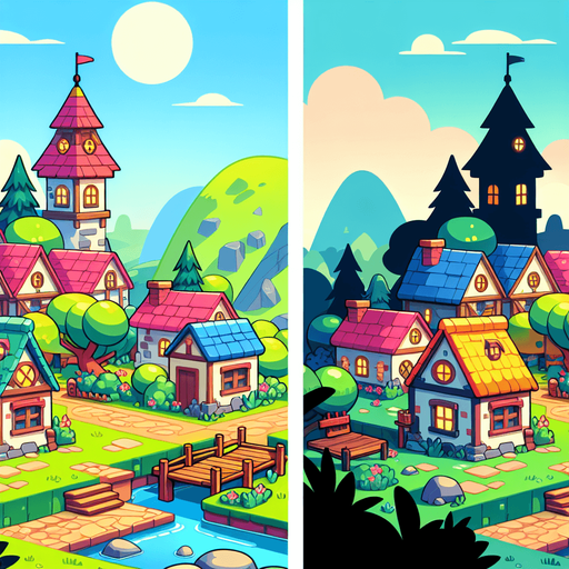 Bluno cartoon village background.
Single Game Texture. In-Game asset. 2d. Blank background. High contrast. No shadows.