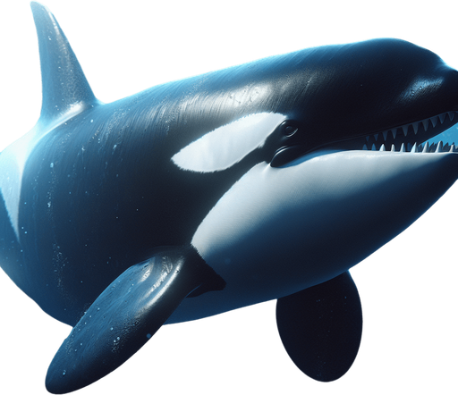 Straight horizontal Orca. Mouth open.
2024 game style. Photorealistic. Full side view