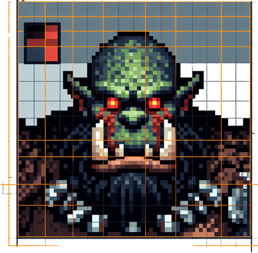 an orc warrior with a large head and red eyes. pixelart. top down view. Single Game Texture. In-Game asset. 2d. Blank background. High contrast. No shadows.