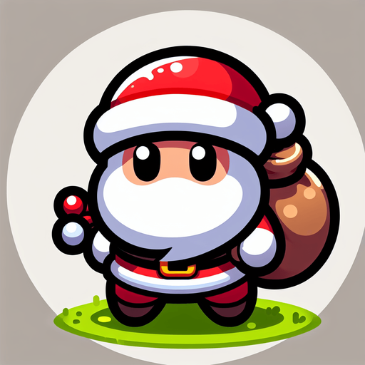 Circular Santa, with gifts on his back. Cartoon. Single Game Texture. In-Game asset. 2d. Blank background. High contrast. No shadows.