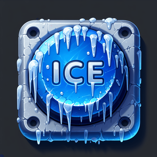 a button that is dripping with icicles that says "ice".
Single Game Texture. In-Game asset. 2d. Blank background. High contrast. No shadows.