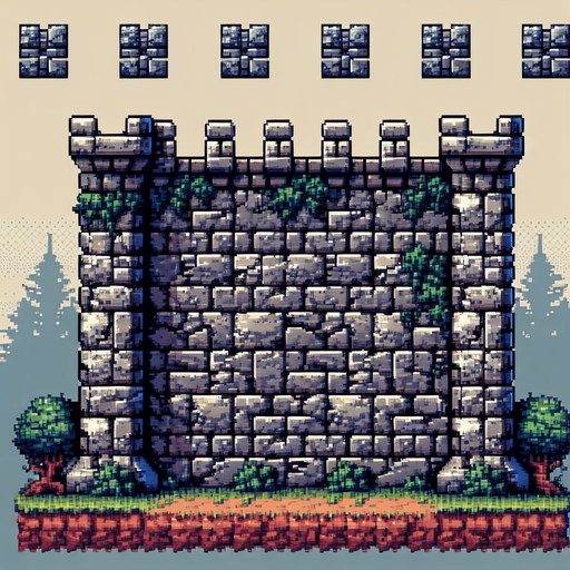 A medieval stone wall seen from the front. pixelart. Single Game Texture. In-Game asset. 2d. Blank background. High contrast. No shadows.