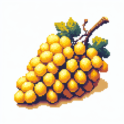 Pixel art of yellow grapes.
Single Game Texture. In-Game asset. 2d. Blank background. High contrast. No shadows.