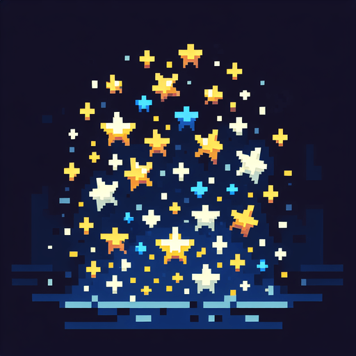 Pixelart. An icon of a a swarm of small yellow and blue stars..
Single Game Texture. In-Game asset. 2d. Blank background. High contrast. No shadows.