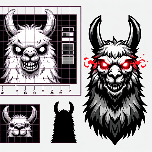 a demon llama.
Single Game Texture. In-Game asset. 2d. Blank background. High contrast. No shadows.