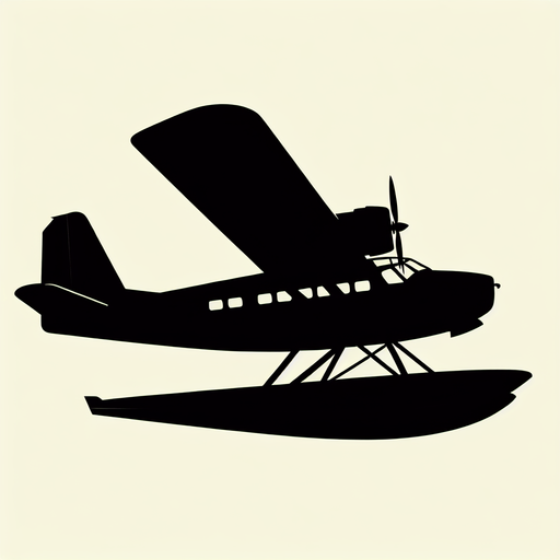 Create a cartoon-style illustration of a dark silhouette of a seaplane, side profile.
Single Game Texture. In-Game asset. 2d. Blank background. High contrast. No shadows.