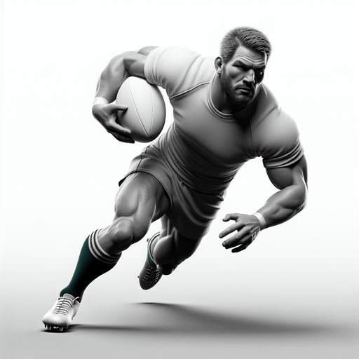 Joueur de rugby avec un charure musclé et qui a la balle 
Il attaque.
Single Game Texture. In-Game asset. 3d. Blank background. High contrast. No shadows.