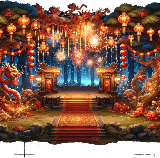 Chinese new years, enchanted forest.
Single Game Texture. In-Game asset. 2d. Blank background. High contrast. No shadows.