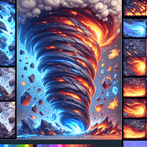 Tornado of chaotic elemental energy with bands of fire, ice, and stone..
Single Game Texture. In-Game asset. 2d. Blank background. High contrast. No shadows.