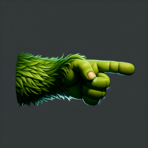 an green hairy grinch's arm, pointing in the horizontal direction, the index finger pointing to the left Single Game Texture. No background. High contrast. No shadows.