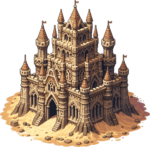 Realistic sand castle..
Single Game Texture. In-Game asset. 2d. Blank background. High contrast. No shadows.