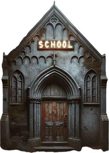 By night, in a gloomy forest,a Facade of a dark, partly ruined ancient and twisted witch house with a big wooden door and a metal entrance arch where it's written "SCHOOL" in illuminated letters...