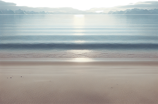 Front close view of a calm sea from the beach. nothing on the beach just flat sand. no sun...
photorealistic