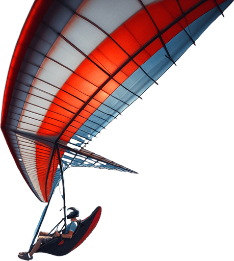 a hang glider flying.
full lateral view