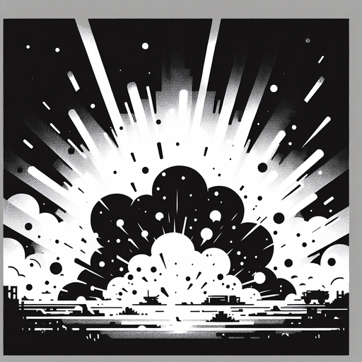 explosion, black and white.
Single Game Texture. In-Game asset. 2d. Blank background. High contrast. No shadows.