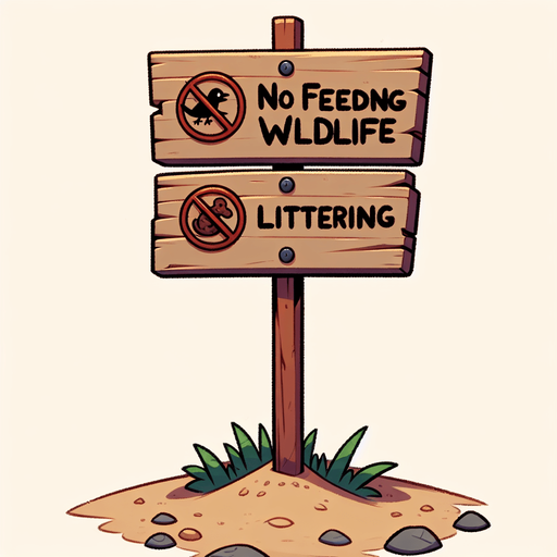 Create a cartoon-style illustration of a wooden no feeding and no littering sign on a sandy stake..
Single Game Texture. In-Game asset. 2d. Blank background. High contrast. No shadows.