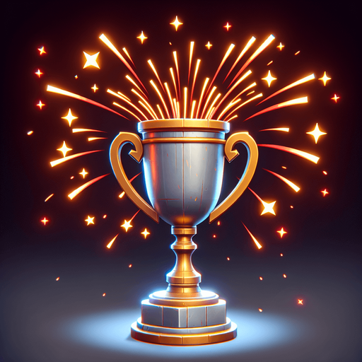 Un trophée de victoire sous forme d'une coupe d'où s'échappe un feu d'artifice..
Single Game Texture. In-Game asset. 2d. Blank background. High contrast. No shadows.