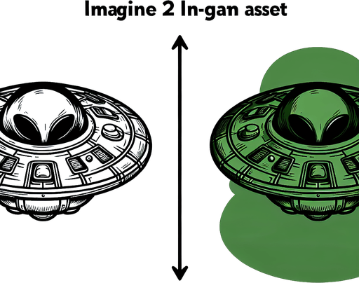 Ufo with green alien driving it.
Single Game Texture. In-Game asset. 2d. Blank background. High contrast. No shadows.